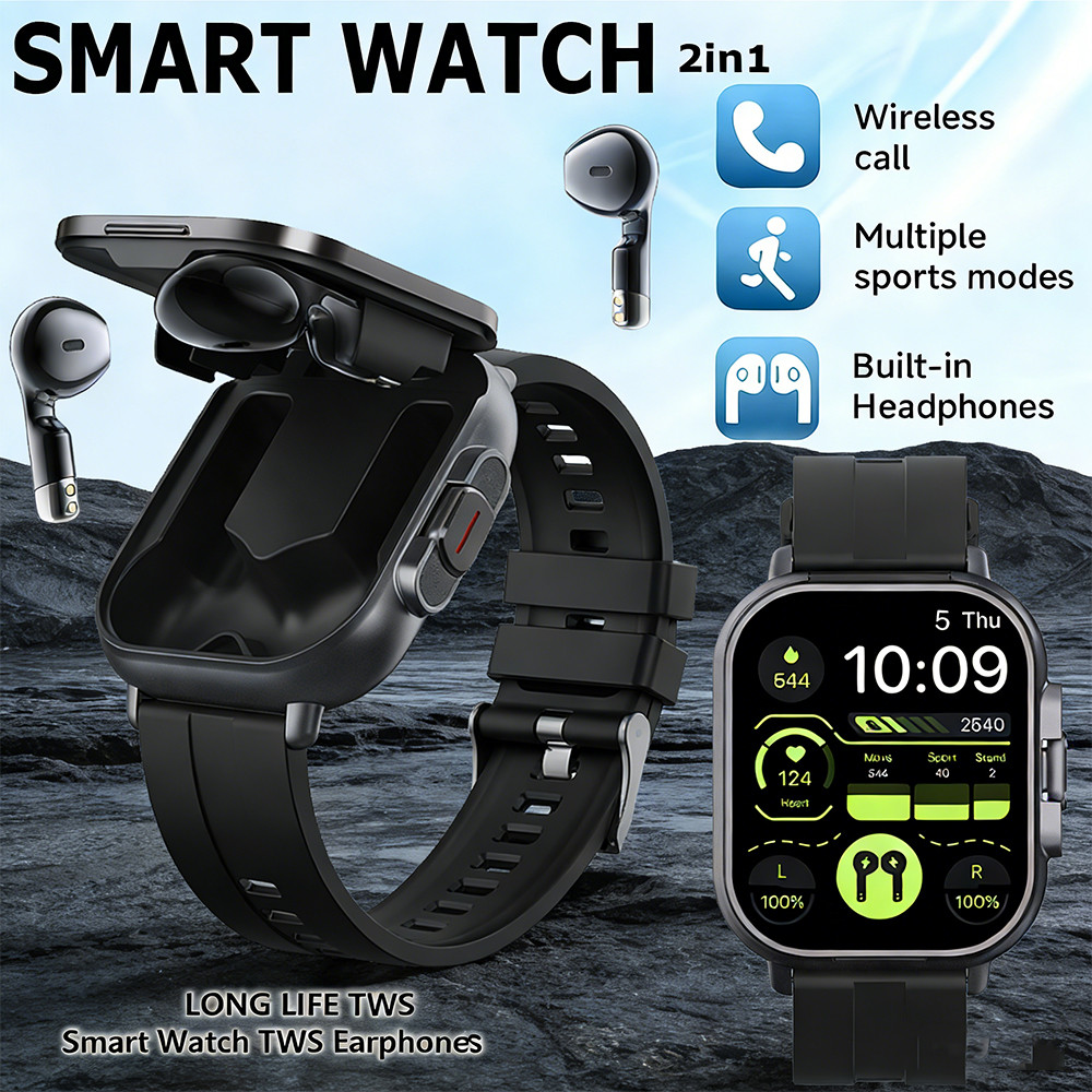 TWS 2 in 1 Smart Watch with Headphones Sports Watch Bluetooth Headset Call Watch Men Health Monitor