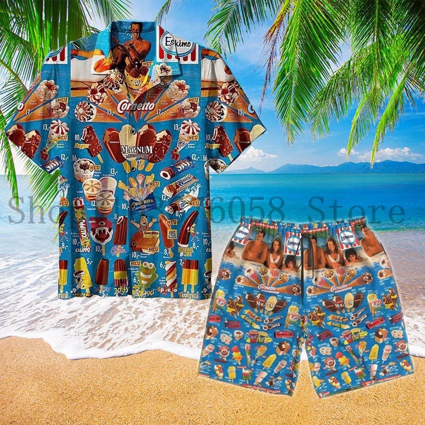 Trendy Cool Fashion Ice Cream Shirts Set Men 3D Print Shirt+S Fashion Two Piece Sets Hawaii Beach