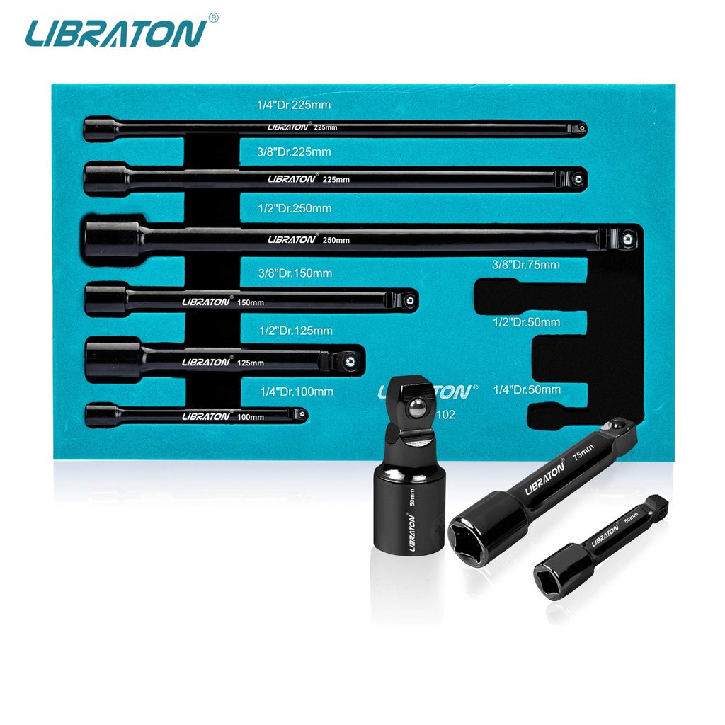 Libraton 9Pcs Wobble Socket Extensions Set, Ratchet Extensions 1/4" 3/8" 1/2", Wobble Extensions,