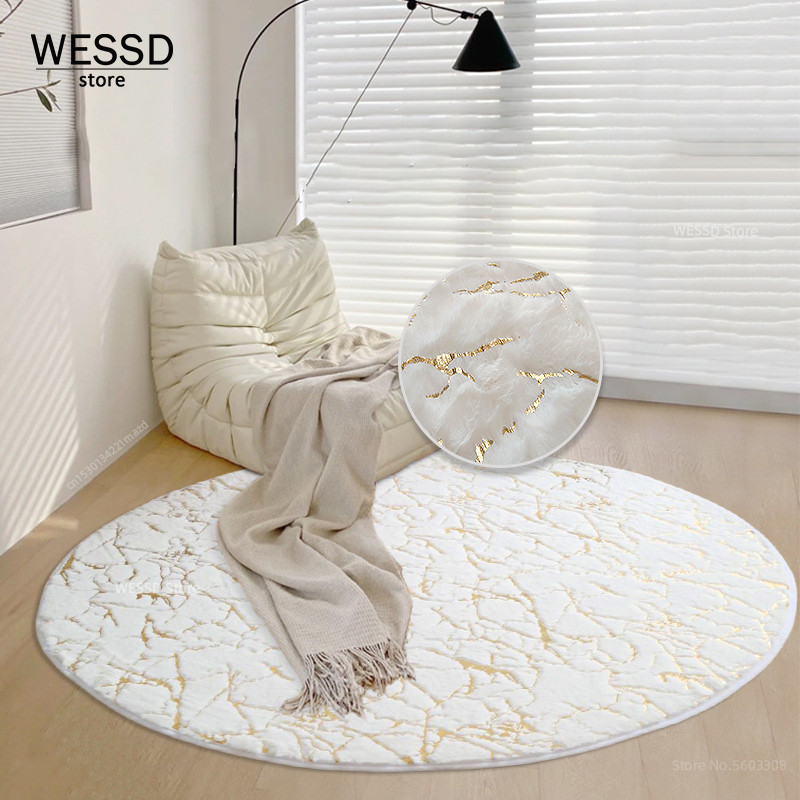 Golden Marble Texture Carpet Round Floor Chair Mat Faux Rabbit Hair Furry Shggy Rug Bathroom Soft
