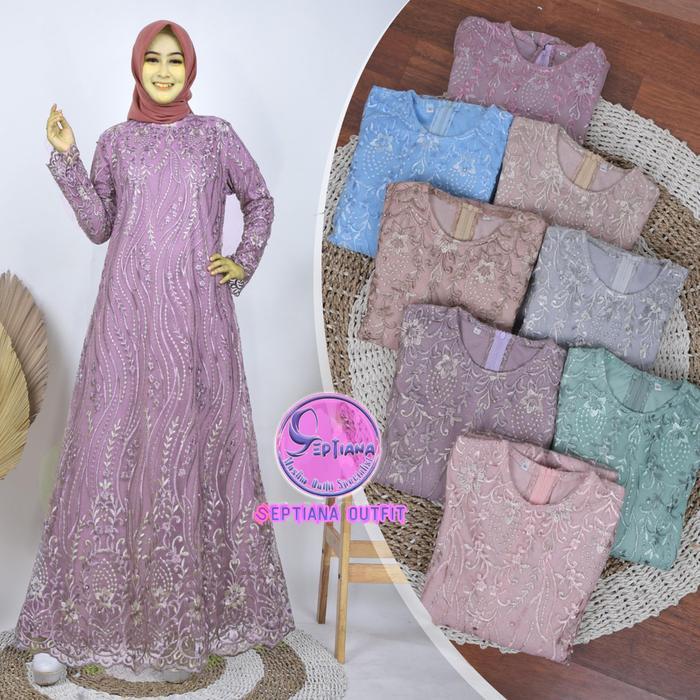 Septiana- Gamis Brukat Tile Mutiara Motif Akar Dress Burkat Tile Kondangan Elegan Simple Maxi Mewah