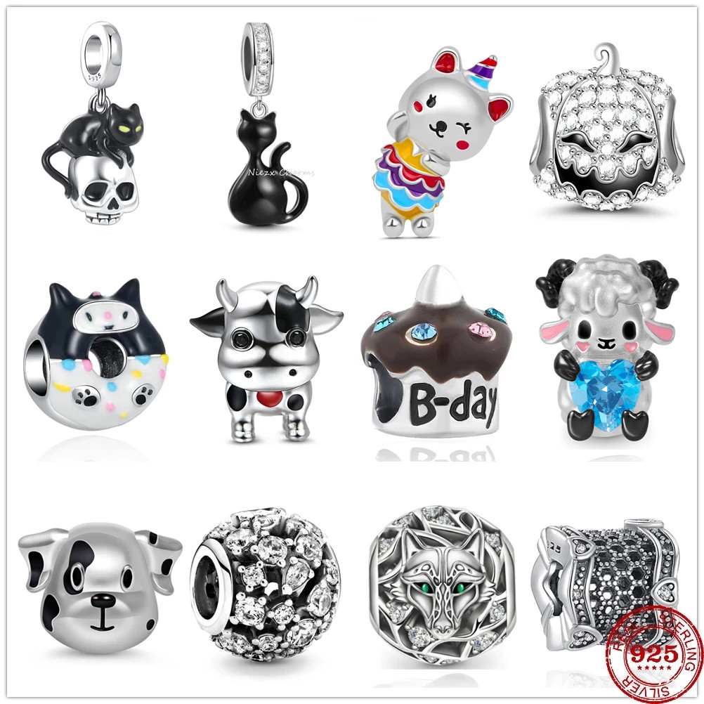 New 925 Sterling Silver Black Cat Dalmatians Wolf Dangle Charm Fit Original Pendant Bracelet DIY