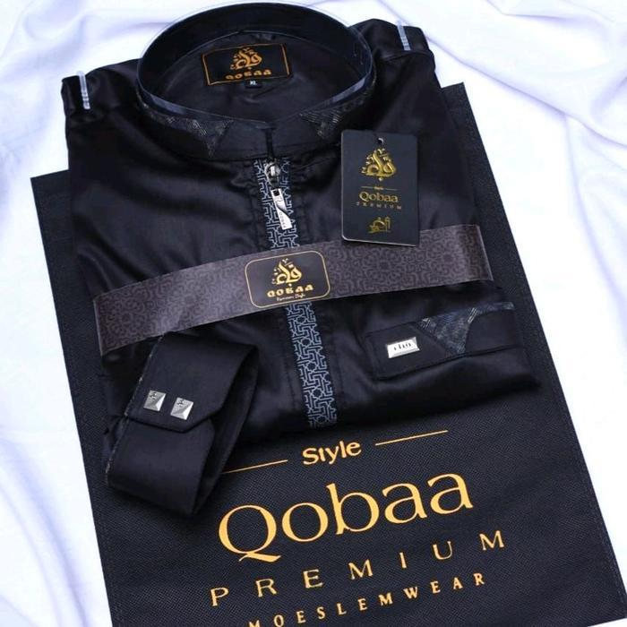 Jubah Qobaa Cordova New Polyester Manset Resleting Muslim Pria Dewasa Hitam Putih Gamis Panjang