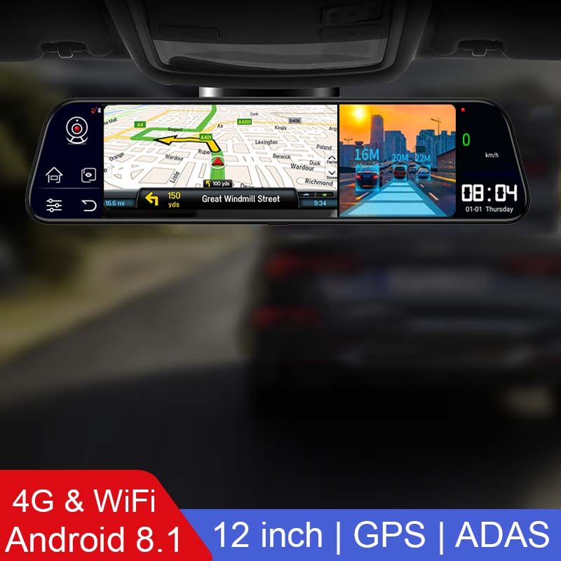 ADAS 12'' 4G Dash Cam GPS navigation Bluetooth 1080P Rearview mirror Camera Recorder Car DVR black b