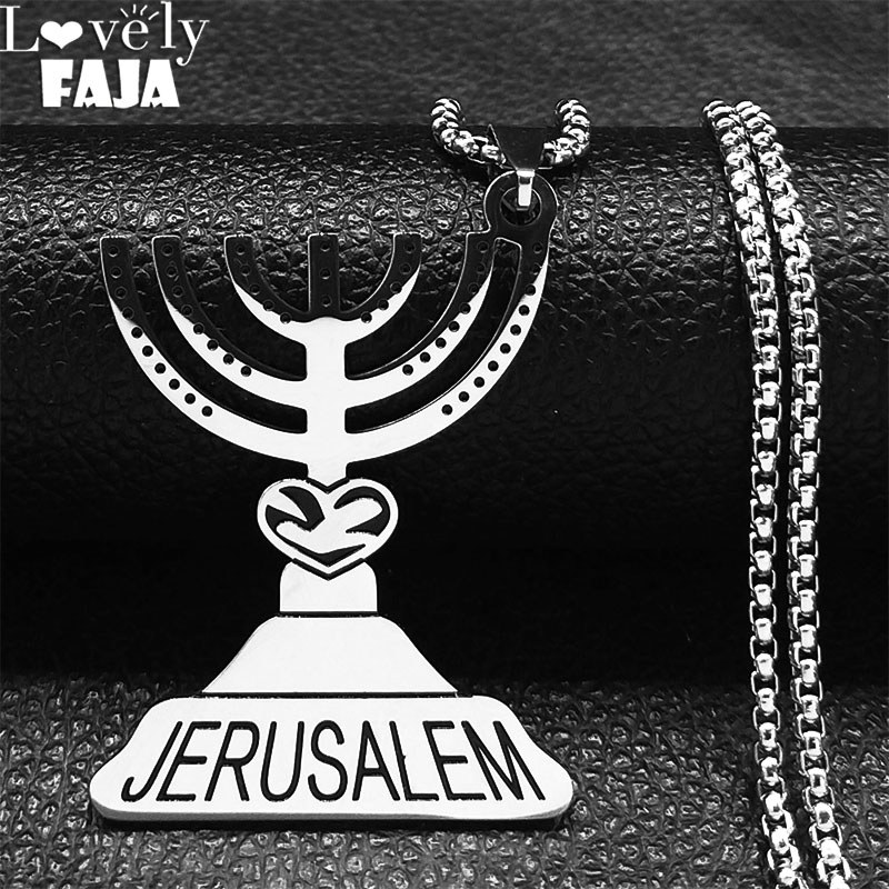Yerusalem Menorah Judaica Tempat Lilin Liontin Kalung Baja Tahan Karat Ibrani Hanukkah Israel Shekel
