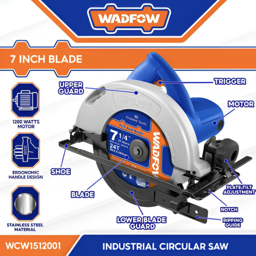 [WCW1512001] WADFOW MESIN CIRCULAR SAW 900w Mesin Potong Kayu 7" Mesin Potong Kayu Gergaji Untuk Pot