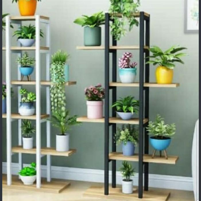 rak bunga tanaman hias minimalis - rak bunga besi alas kayu