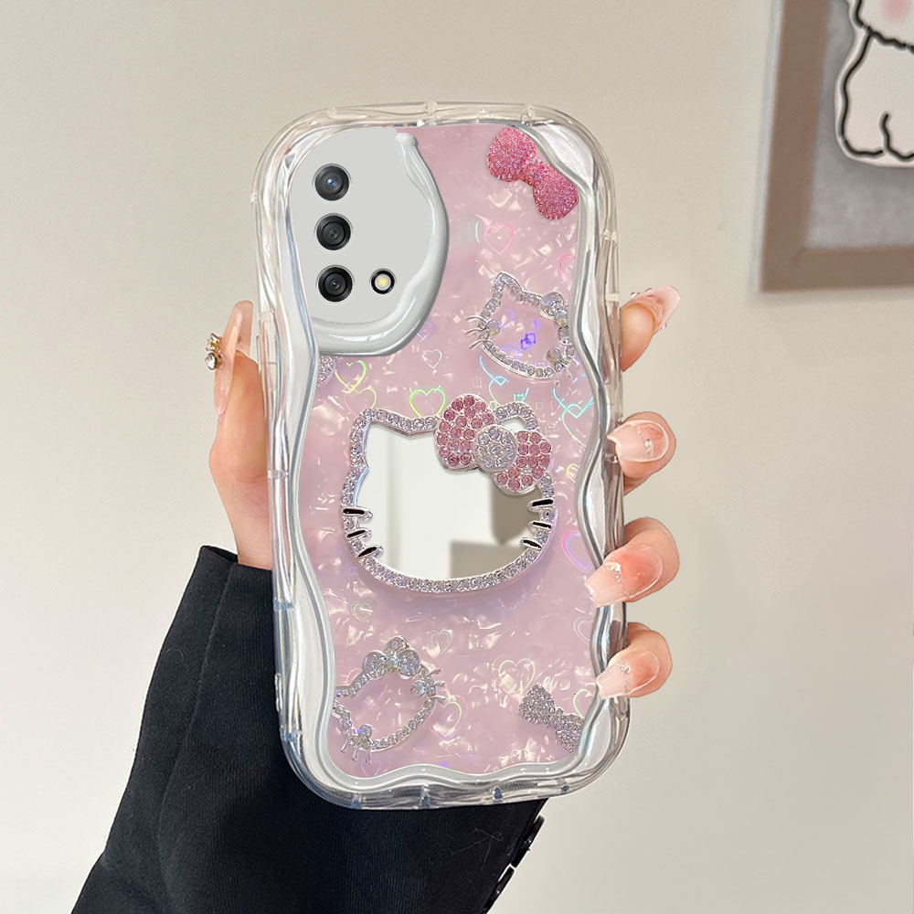 Phone Case Fashion Cermin Pink Diamond Heart Mirror Cover For OPPO A74 A95 4G Untuk Casing Hp Softca