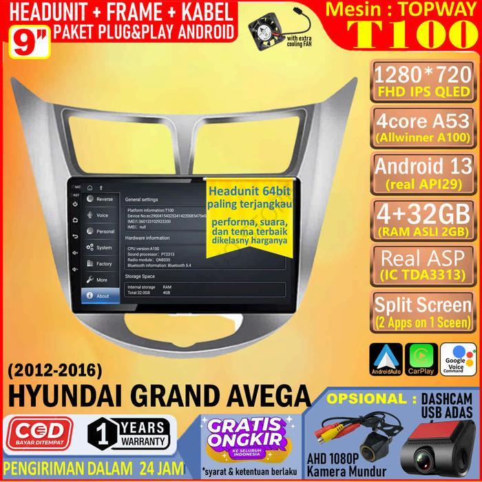 Ready Paket Headunit Android 9 inch + Frame + Soket PNP Hyundai Grand Avega Silver Topway T100 RAM