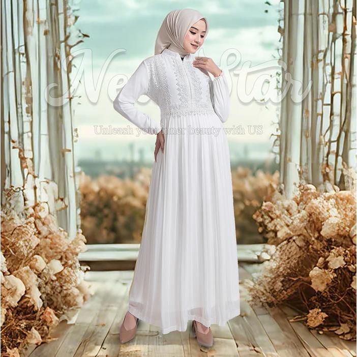 Newstar - Gamis Putih Lebaran 2026 Baju Muslim Wanita Kekinian Dress Mewah Simple Elegan Abaya