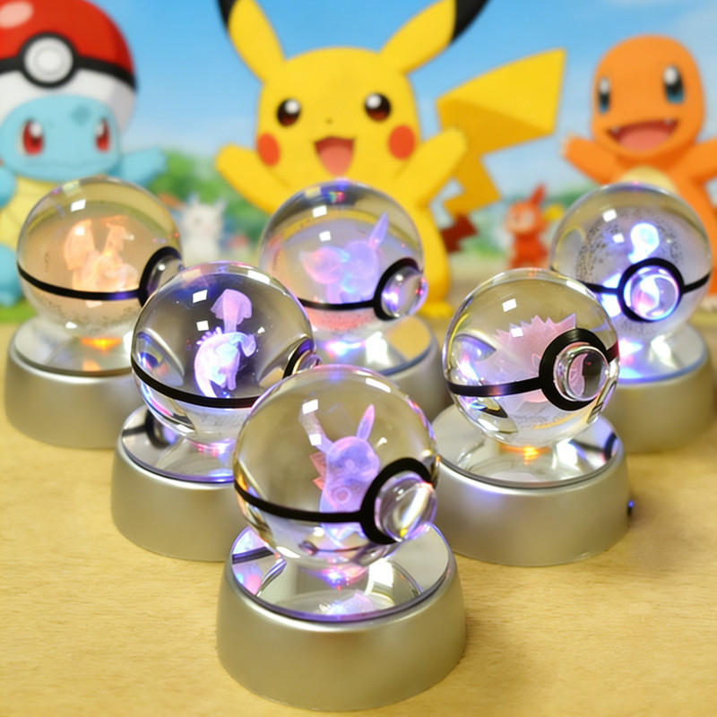 3D Pokemon Crystal Ball 5CM Mewtwo Pikachu Gengar Crystal Glass Pokemon Ball Pokeball Figure Night
