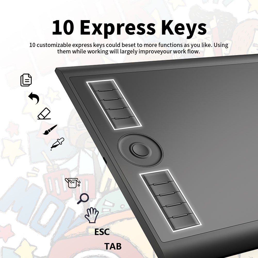 GAOMON M10K PRO Tilt&Radial Graphics Tablet 10x6.25'' Large Pen Drawing Tablet 10 Shortcut Keys Work