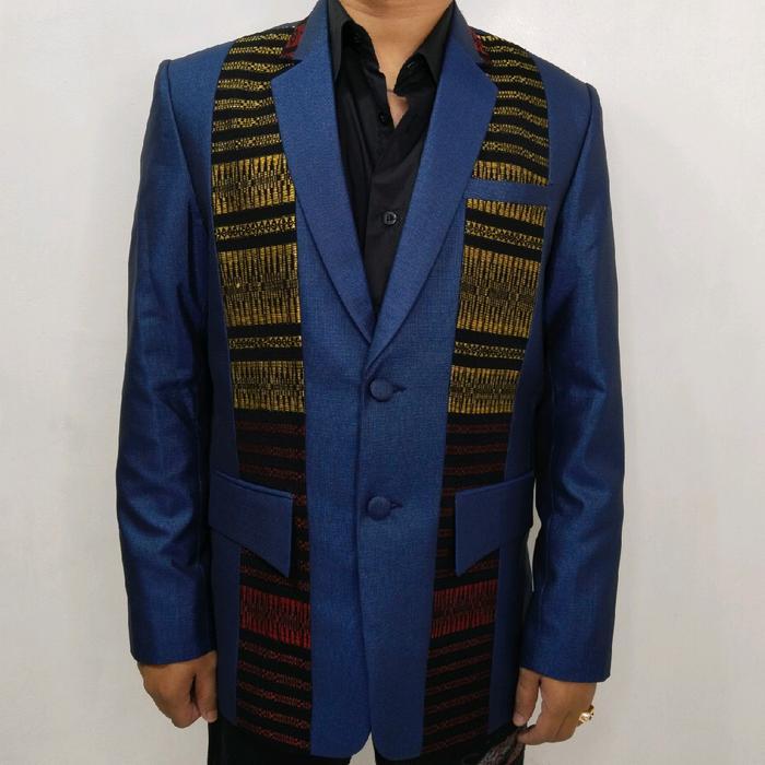 KODE (6) WARNA DASAR BIRU NAVY GLOSSY Jas Ulos 1Set (Jas + Celana + Dasi + Cover Jas + Hanger)