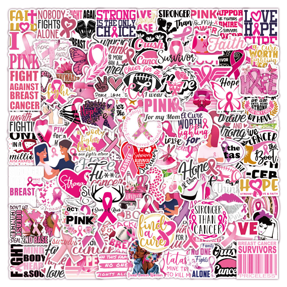 10/30/50/100pcs Breast Cancer Awareness Stickers Pink Ribbon Waterproof Decal Skateboard Scrapbook L