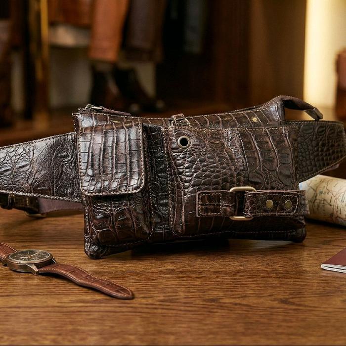 TERLARIS J Leather Tas Kulit Sapi Asli Motif Buaya Waist Bag Dada Pinggang Sling Bag Cowok Pria