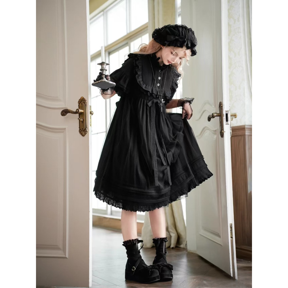 Classical Gothic Lolita Dress Black Loose Puff Sleeve Dresses Women Summer Darkly Retro Sweet