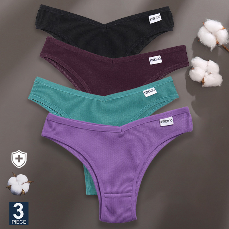 Finetoo 3Pcs/Set Panties Women Cotton Lingerie Female Thongs Underwear Low-Rise Underpant Bikini