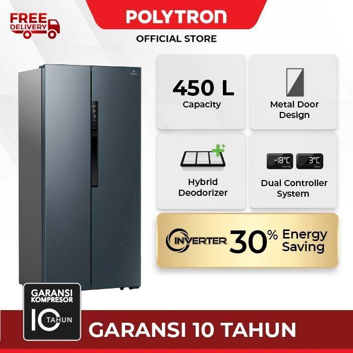BIG PROMO Kulkas POLYTRON New Belleza Inverter 2 pintu Side-by-side PRS 460B - hitam - hitam