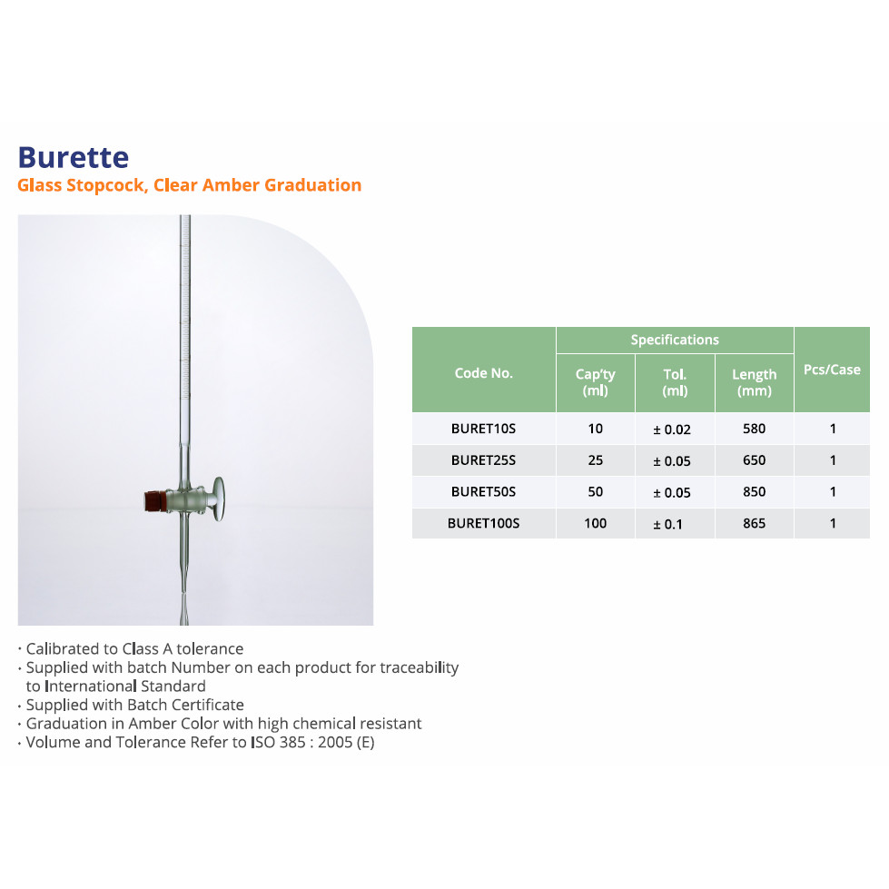 Buret Glass Stopcock Clear Amber Graduation Class A 50 ml Merk Iwaki Original Code Number BURET50S