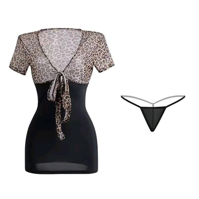 Lingerie Wanita Mini Dress Motif Macan Tutul Baju Tidur Wanita V-Neck F456 Piyama Dewasa