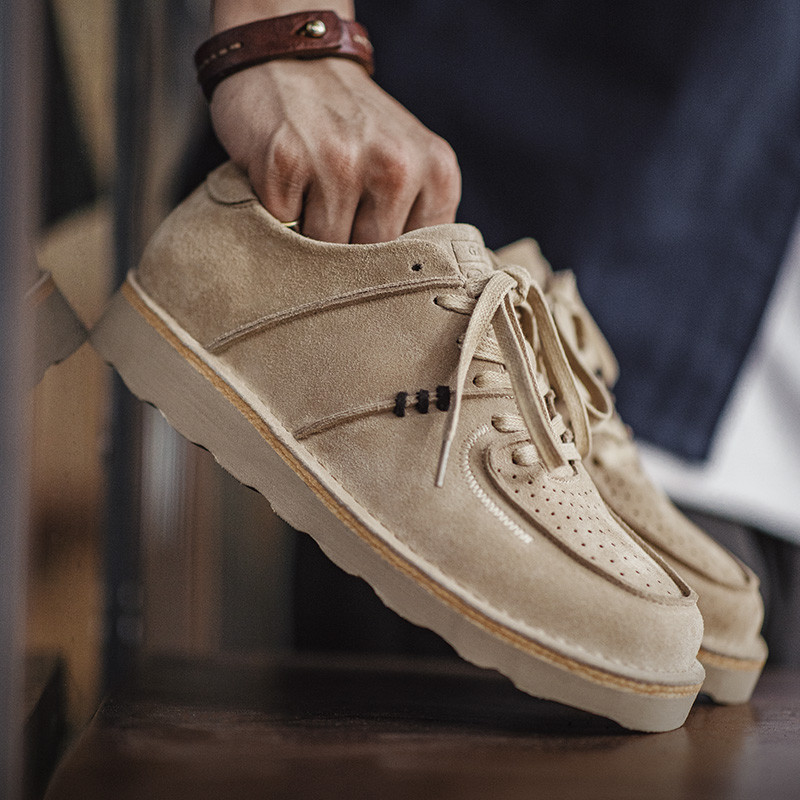 Maden Men's Retro Cow Suede Leather Work Shoes Chunky Platform Sole Breathable Skate Shoes Lace-Up