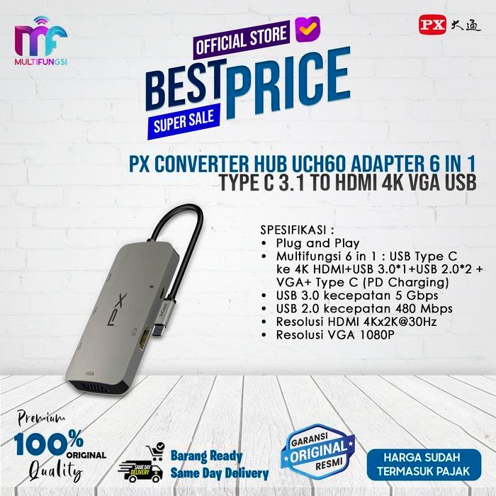 PX Converter Hub UCH60 Adapter 6 in 1 Type C 3.1 to HDMI 4K VGA USB