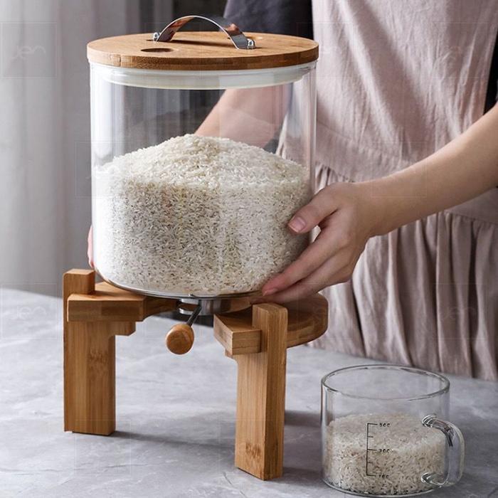 DISPENSER BERAS KACA ESTETIK DENGAN KAYU WOODEN RICE BOX SERBAGUNA