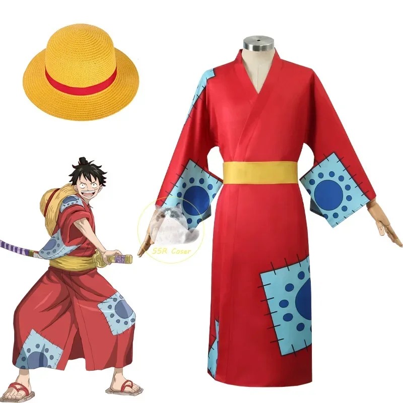 Anime Luffy Cosplay Costume, Wano Country Monkey Cosplay Kimono Pour Hommes Es Chapeau Cardigan