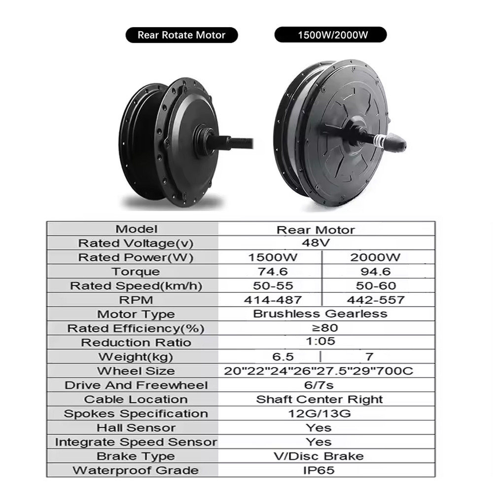 Electric Motor Wheel 48V 1000W 1500W 2000W Rear Brushless Gearless Hub Motor Fits 26 27.5 700c