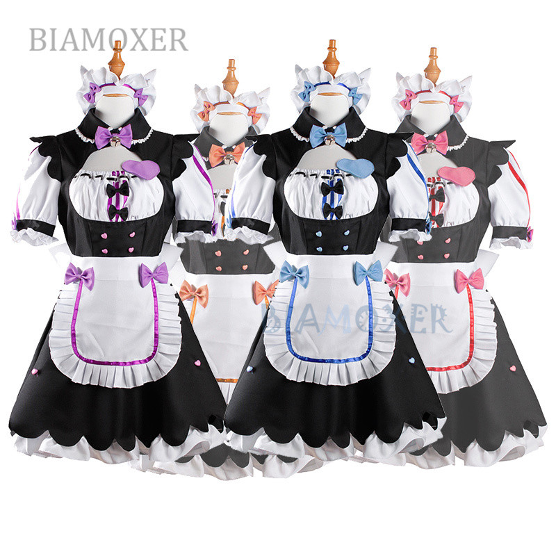Biamoxer Womens Nekopara Chocola Vanilla Maid Cosplay Costume Sexy Cute Dress Full Set