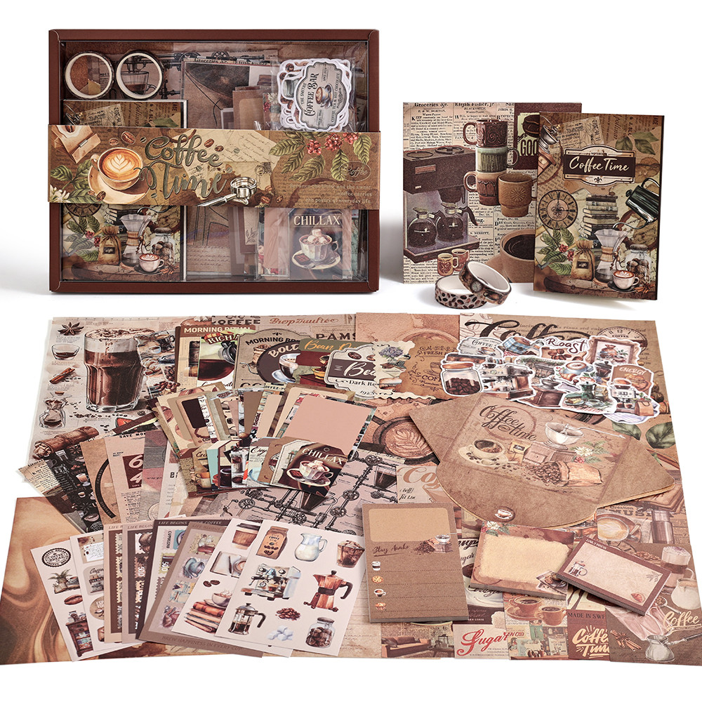 201 Pcs Scrapbooking Supplies Kit Coffee Stickers Vintage Scrapbook Paper Planner Accessories for