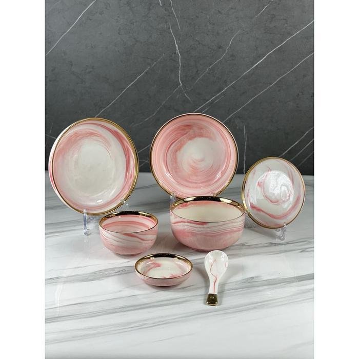 ASHOME Piring Set 4 Orang Piring Makan Set Keramik Pink Marble Isi 18 Pcs / Piring Set Keramik List