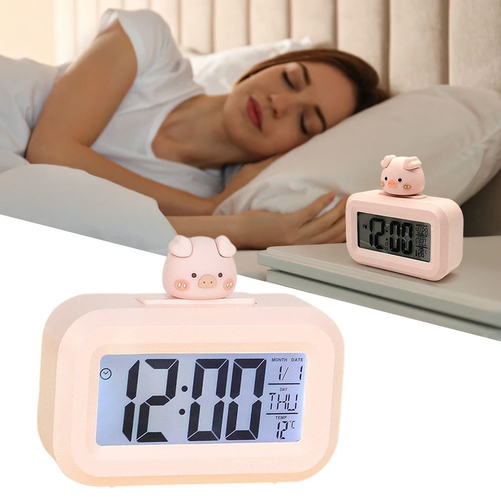 Multi-function Cartoon Pig LED Digital Clock Pink with Night Light Alarm Clock Cute Desktop Clock