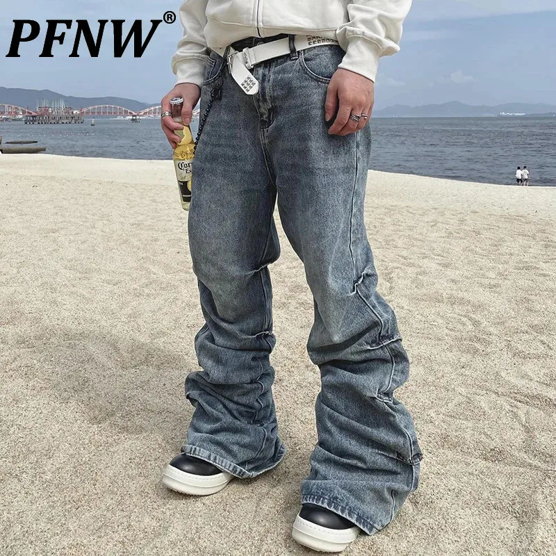 PFNW Menswear American Vintage Design Distressed Micro-flare Jeans Men's Cleanfit Casual Loose Blue