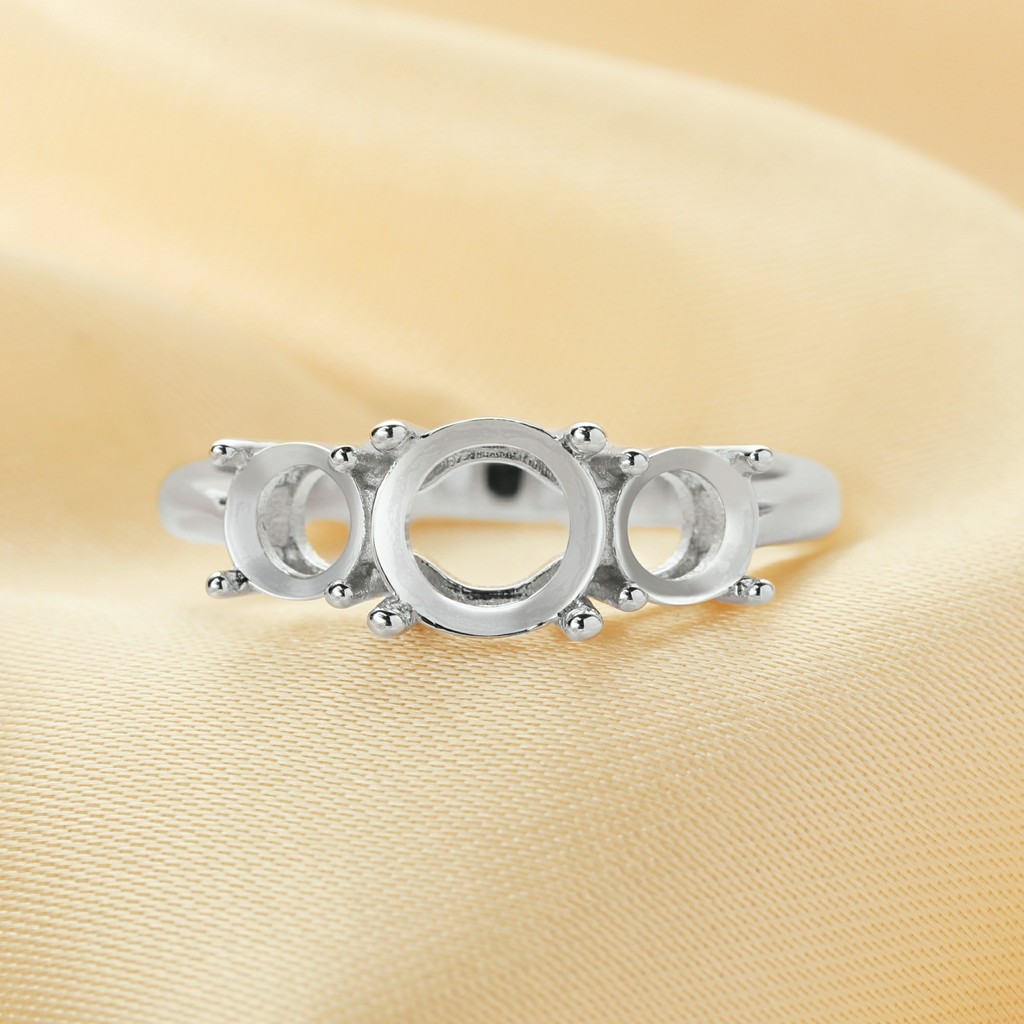 3 Stones Halo Round Prong Ring Settings,Solid 925 Sterling Silver Ring,Family Ring,With 5MM,7MM