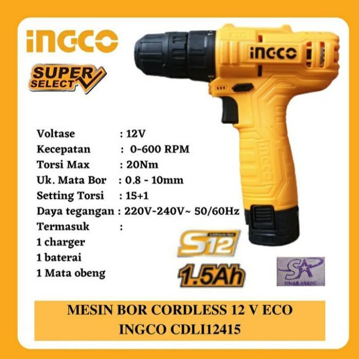 Mesin Bor Baterai 12V Eco Ingco Cdli12415 Super Select