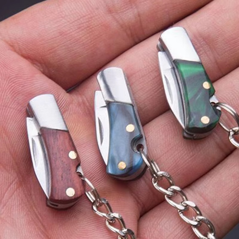 Mini Folding Knife Key ChainOutdoor Portable Folding Knife Keychain Mini Brass Wooden Folding Knife