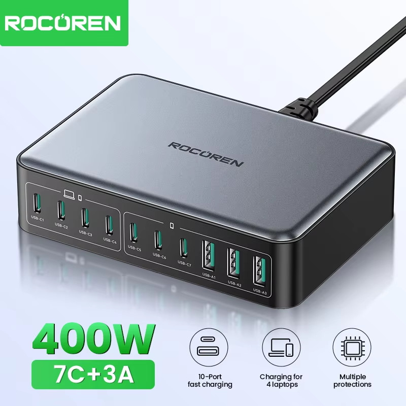 Rocoren 400W USB Type C Fast Charger Portable 200W Desktop Power Station Type-C Gan Charger For