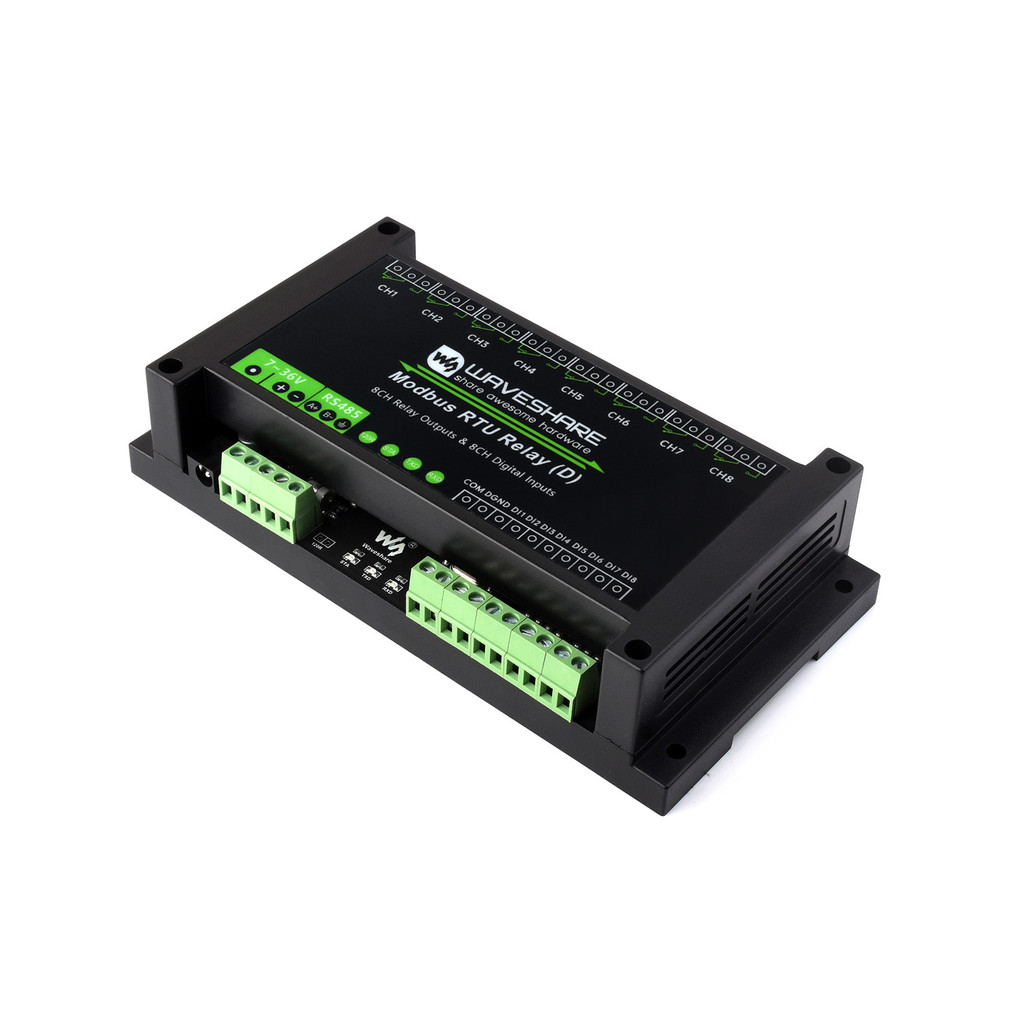 Waveshare Industrial Modbus RTU 8-ch Relay Module (D) With Digital Input and RS485, Modbus RTU