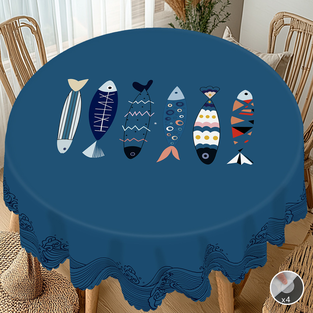 1 Piece of Summer Simple Ocean Style Printed Round Tablecloth, Geometric Fish Pattern Rectangular