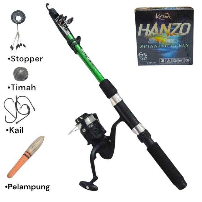 Set Pancing Hanzo 200 6 Bearing Siap Pakai Joran Panjang 1.5 Meter Kekuatan 10 Lbs 5Kg Free Senar