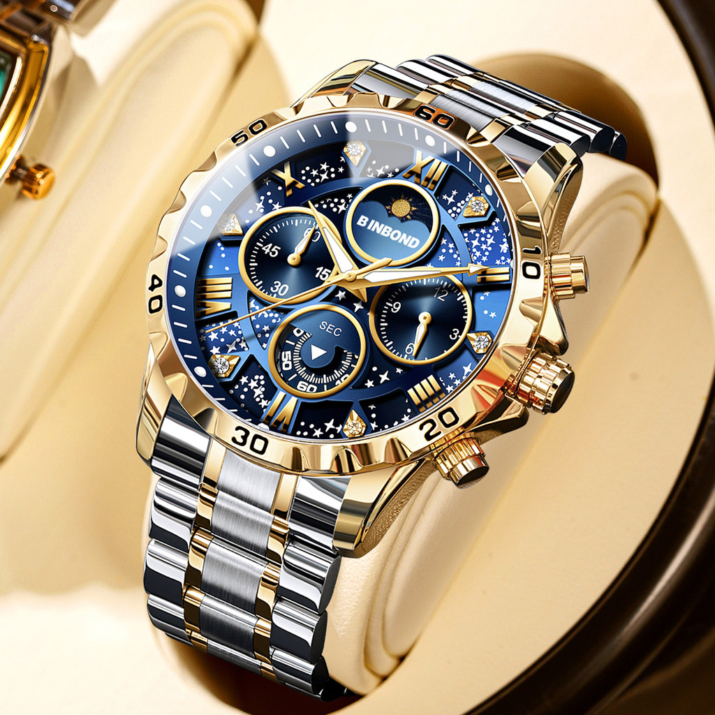 BINBOND Men's Quartz Watches Stainless Steel Multifunctional Moon Phase Stars Luminous Waterproof