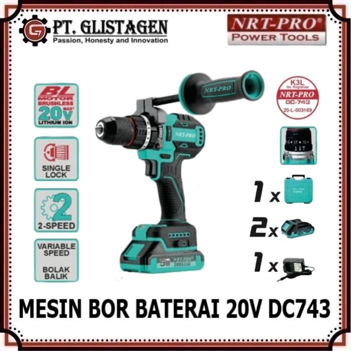NRT PRO DC 743 Mesin Bor Baterai 20 Volt Cordless Impact Drill 13mm Brushless 743DC