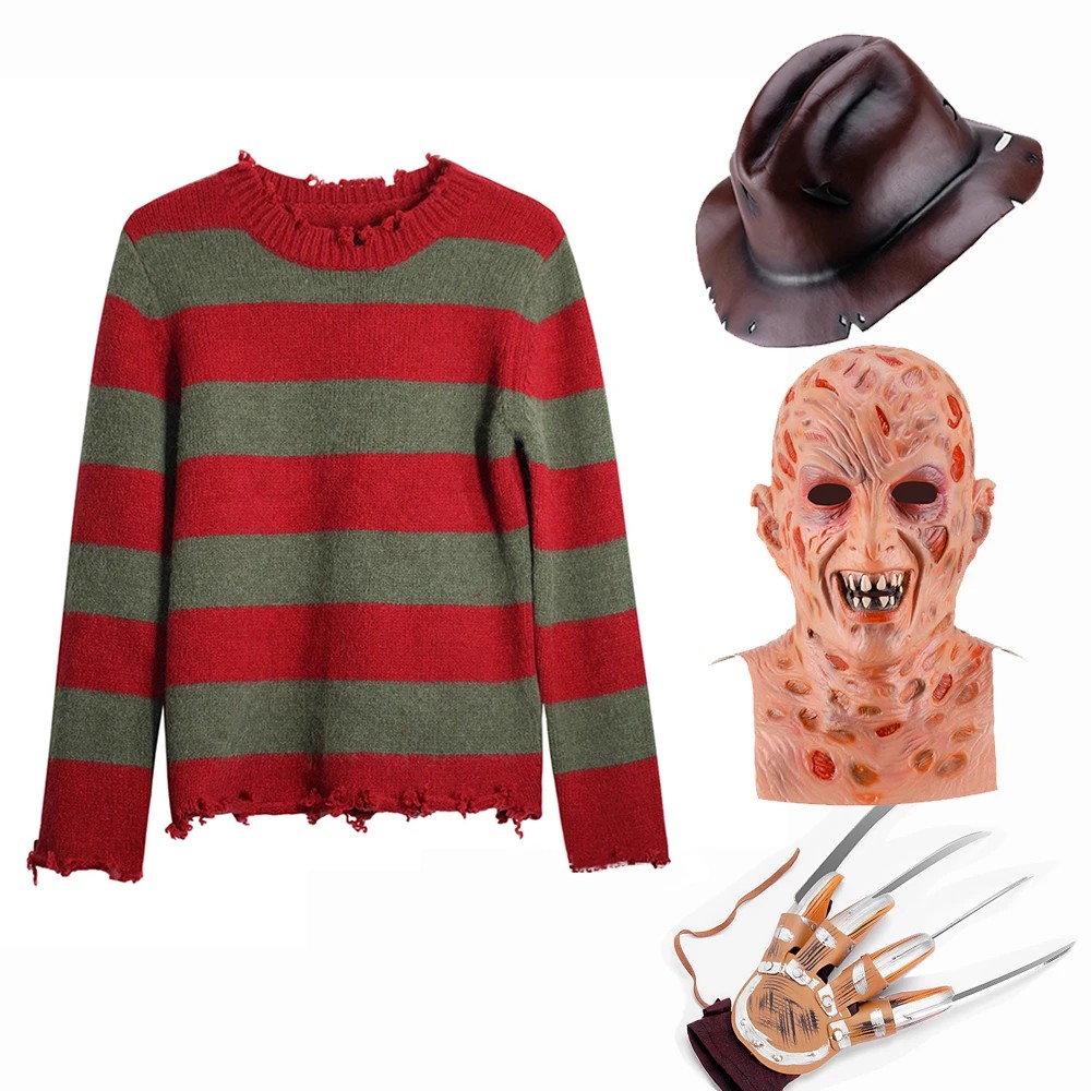 Freddy Krueger Cosplay Costume Sweater Red Striped Knitting Top Coat Hat Mask Freddie Krueger