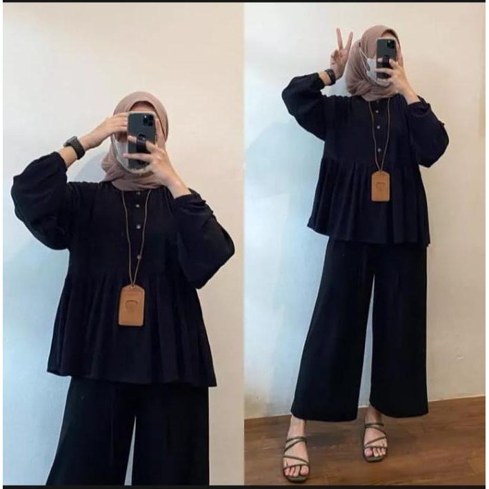 Indah - Setelan Wanita Terbaru Rania Set Nyaman Adem Setelan Atasan Tunik dan Celana Kulot Hitam