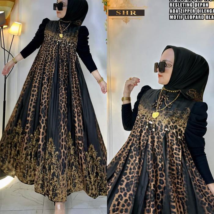 NEW SHR MIDI DRESS LEOPARD MIX LENGAN RAJUT ORI SHR Gaun Wanita Elegan dengan Motif Leopard dan
