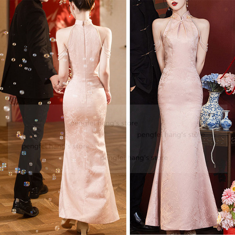 Women Gorgeous Chinese Style Robe Cheongsam Dress Halter Sleeveless Qipao Wedding Toast Dress Slit
