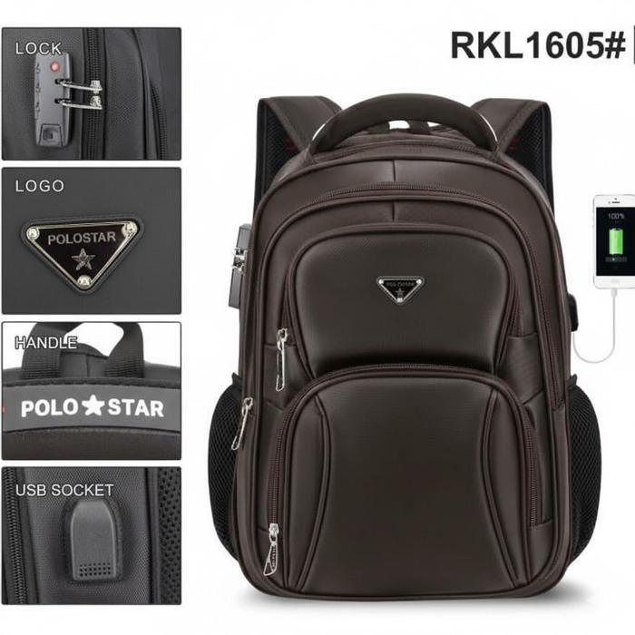 POLO STAR Tas Ransel Laptop Backpack Pria Wanita Sekolah Tas Punggung Laptop Gembok USB Port