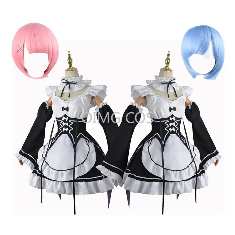 Ram/Rem Cosplay Re:Zero Kara Hajimeru Isekai Seikatsu Costumes Dress Headdress Party Suit Anime Maid