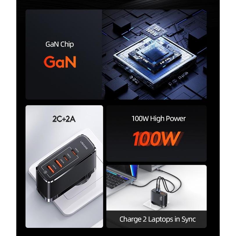 USAMS T44 Kepala Adaptor Charger GaN 4 Port Fast Charging 100W Samsung